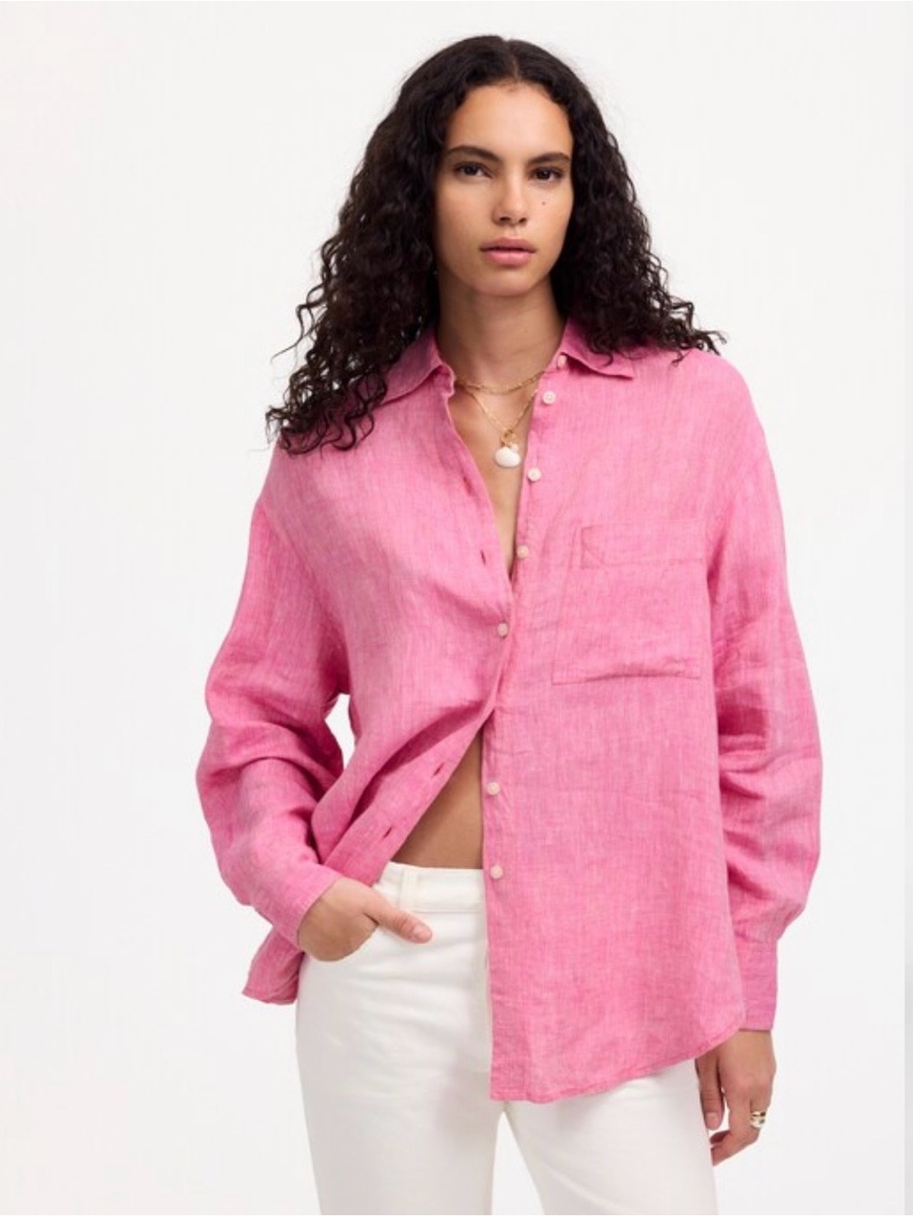 Madewell Linen Oversized Button Up Shirt in Modern Fuchsia  Size XXS NWOT